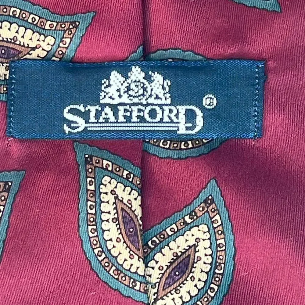 Stafford Paisley Print Mens Neck Tie Red Green 100% Silk Made in USA
